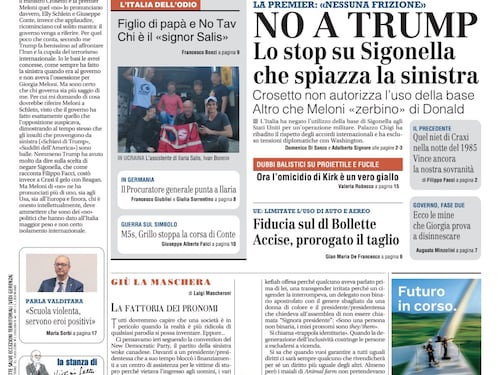 La prima pagina del Giornale: Psicodramma nazionale: Italia fuori dal mondiale, stop a Sigonella, Fiducia sul dl Bollette