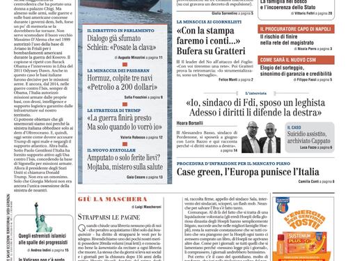 La prima pagina del Giornale: Nuova bufera su Gratteri, toghe ancora contro i centri in Albania, Meloni stana la sinistra