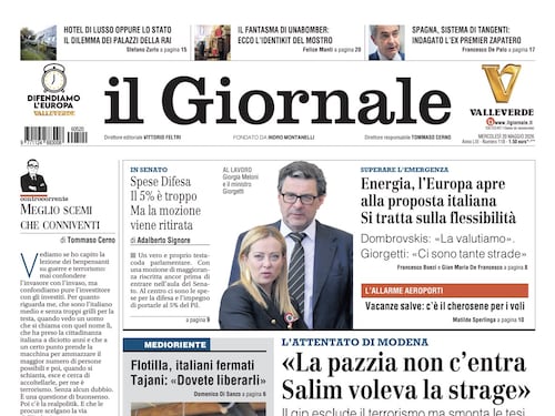 La prima pagina del Giornale: Modena, “Salim voleva la strage”, sportello Cgil nel centro sociale, recuperati due corpi alle Maldive
