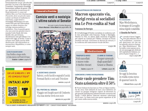 La prima pagina del Giornale: SÌ può fare, l’ultimo saluto al Senatur, Macron spazzato via