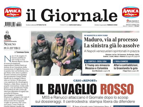 La prima pagina del Giornale: bavaglio rosso, l’arresto di Maduro e l’abbraccio alle vittime di Crans-Montana