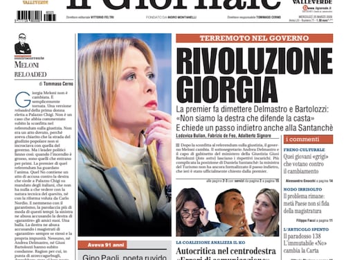 La prima pagina del Giornale: Rivoluzione Giorgia, ora gli islamici vogliono la sharia, la morte di Gino Paoli