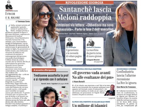 La prima pagina del Giornale: Santanchè lascia, Gratteri striglia le toghe, 13enne accoltella la prof e si riprende