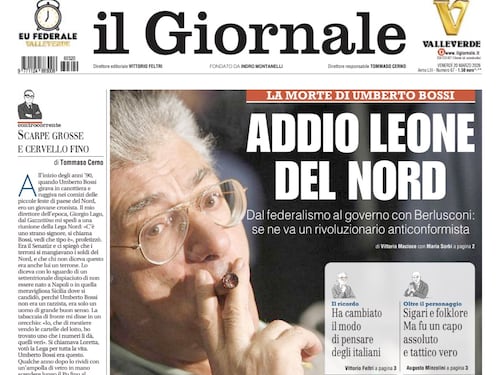 La prima pagina del Giornale: È morto Umberto Bossi, la grande fuga dal “No”, il piano per Hormuz dell’Ue