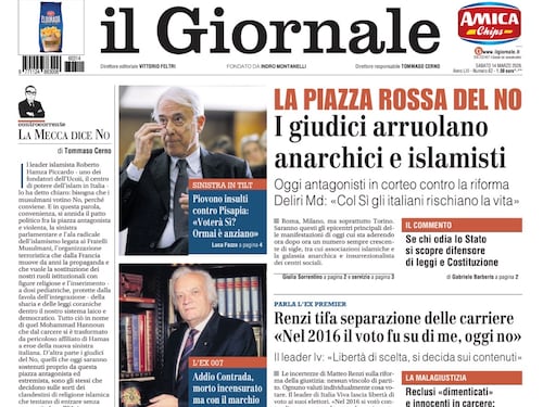 La prima pagina del Giornale. Anarchici e islamisti per il No, Renzi vuole la separazione ed è giallo sulla trattativa Ue-Iran per Hormuz