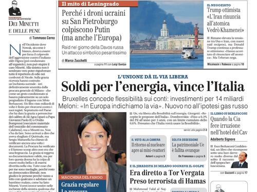 La prima pagina del Giornale: Soldi per l’energia: vince l’Italia, avanti i negoziati in Iran, terrorista di Hamas preso prima di arrivare a Roma