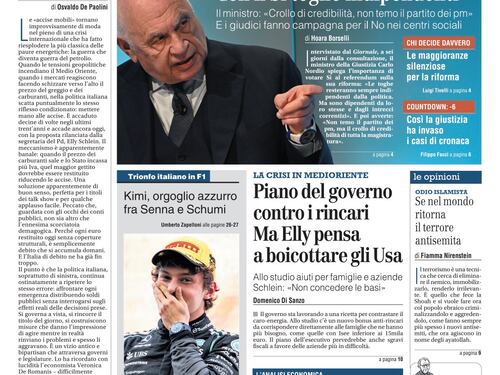 La prima pagina del Giornale: Intervista a Nordio a 6 giorni dal referendum, piano del governo contro i rincari, Antonelli orgoglio azzurro