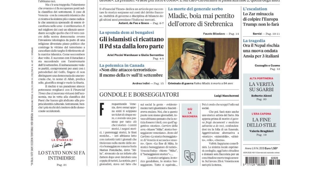 Caso Ranucci, l’elogio all’Italia, la morte di Mladic